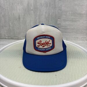 Vintage Goebel Beer Trucker Hat Blue White Mesh Snapback Cap Naturally Light